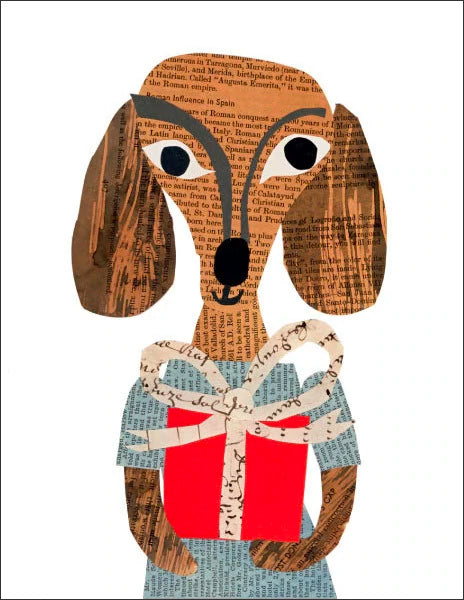 doxie or dachshund with a gift - folding greeting card, size A2, 4.25 by 5.5 inches, printed on recycled paper. original paper collage artwork designed by denise fiedler for paste