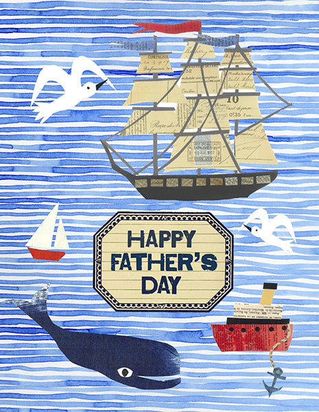 father's day nautical scene - folding greeting card, size A2, 4.25 by 5.5 inches, printed on recycled paper. original paper collage artwork designed by denise fiedler for paste