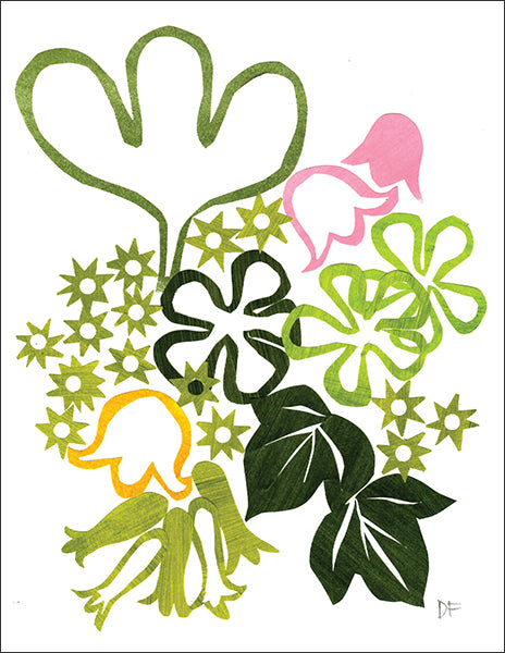 floral abstract in green - a folding greeting card, size A2, 4.25 by 5.5 inches, printed on recycled paper. original paper collage artwork designed by denise fiedler for paste