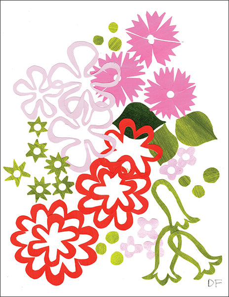 floral abstract in red - a folding greeting card, size A2, 4.25 by 5.5 inches, printed on recycled paper. original paper collage artwork designed by denise fiedler of paste