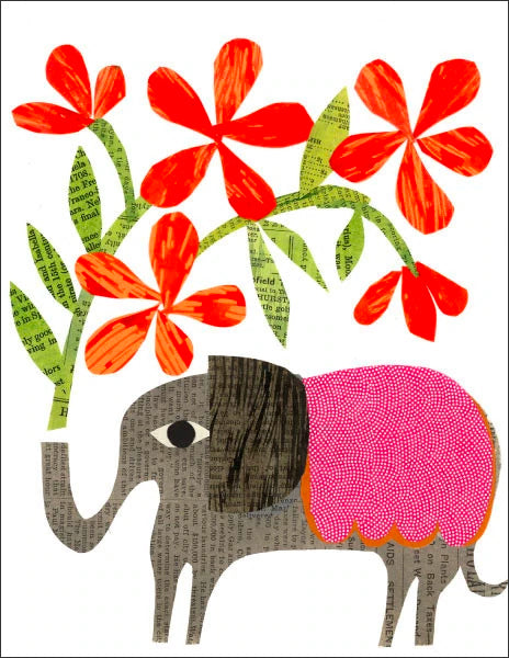 elephant  with flowers -  folding greeting card, size A2, 4.25 by 5.5 inches, printed on recycled paper. vintage paper collage designed by denise fiedler for paste 