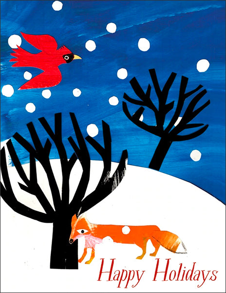 fox + cardinal holiday greeting card, size A2, 4.25 by 5.5 inches, printed on recycled paper. original paper collage artwork designed by denise fiedler for paste