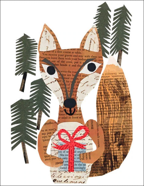 fox with a gift - vintage paper collage  folding greeting card, size A2,  4.25 by 5.5 inches, printed on recycled  paper. designed by denise fiedler for paste.