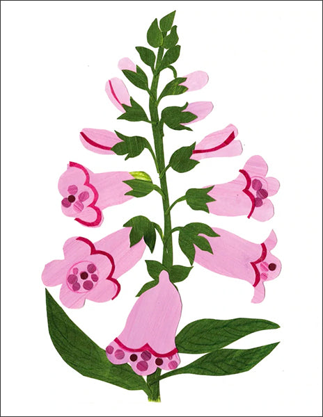 foxglove - folding greeting card, size A2, 4.25 by 5.5 inches, printed on recycled paper. original paper collage artwork designed by denise fiedler for paste