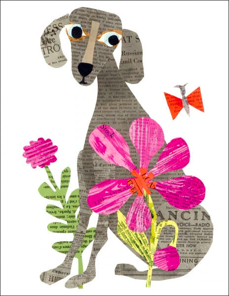 garden weimaraner  - folding greeting card, size A2, 4.25 by 5.5 inches, printed on recycled paper. original paper collage artwork designed by denise fiedler for paste