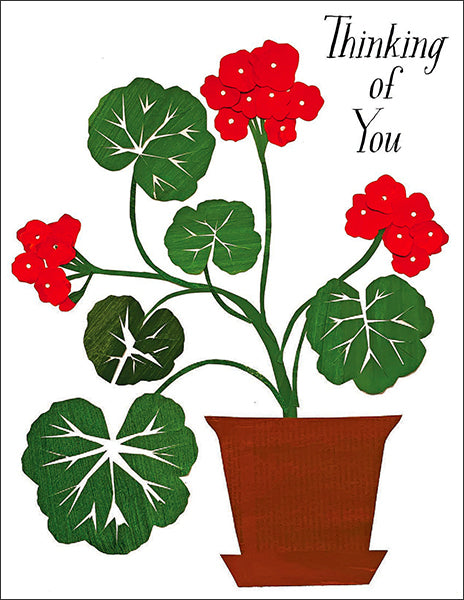 geranium in pot - folding greeting card, size A2, 4.25 by 5.5 inches, printed on recycled paper. original paper collage artwork designed by denise fiedler for paste