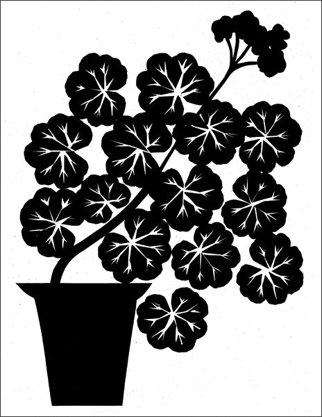 geranium silhouette - folding greeting card, size A2, 4.25 by 5.5 inches, printed on recycled paper. original paper collage artwork designed by denise fiedler for paste