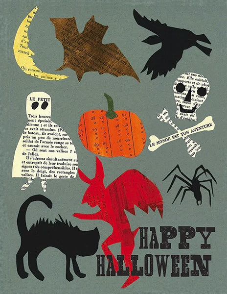 halloween collage - folding greeting card, size A2, 4.25 by 5.5 inches, printed on recycled paper. original paper collage artwork designed by denise fiedler for paste
