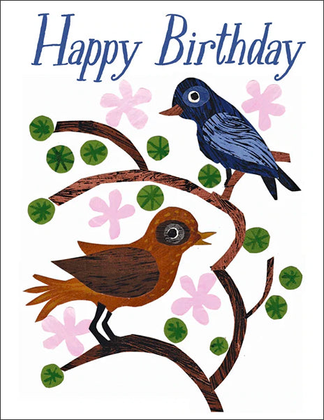 happy birthday birds on a branch - folding greeting card, size A2, 4.25 by 5.5 inches, printed on recycled paper. original paper collage artwork designed by denise fiedler for paste