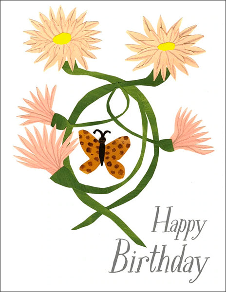 happy birthday butterfly + dahlias - folding greeting card, size A2, 4.25 by 5.5 inches, printed on recycled paper. original paper collage artwork designed by denise fiedler for paste