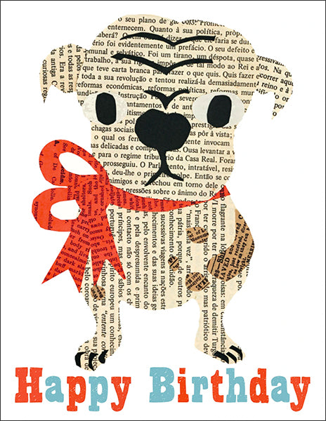 happy birthday dog - folding greeting card, size A2, 4.25 by 5.5 inches, printed on recycled paper. original paper collage artwork designed by denise fiedler for paste