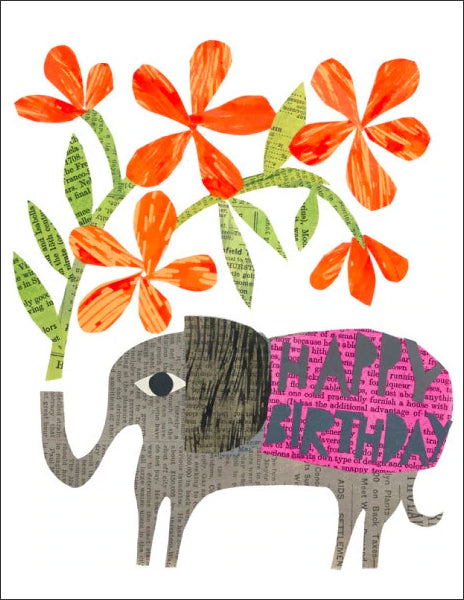 happy birthday elephant vintage paper collage printed A2 folding greeting card 4.25 by 5.5 inches, designed by denise fiedler of pastesf and printed on recycled paper 