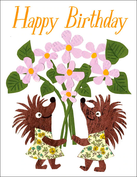 happy birthday hedgehogs - folding greeting card, size A2, 4.25 by 5.5 inches, printed on recycled paper. original paper collage artwork designed by denise fiedler for paste