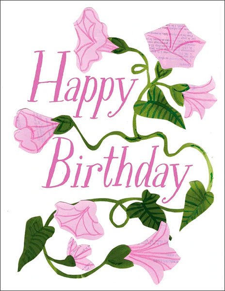 happy birthday morning glories - folding greeting card, size A2, 4.25 by 5.5 inches, printed on recycled paper. original paper collage artwork designed by denise fiedler for paste
