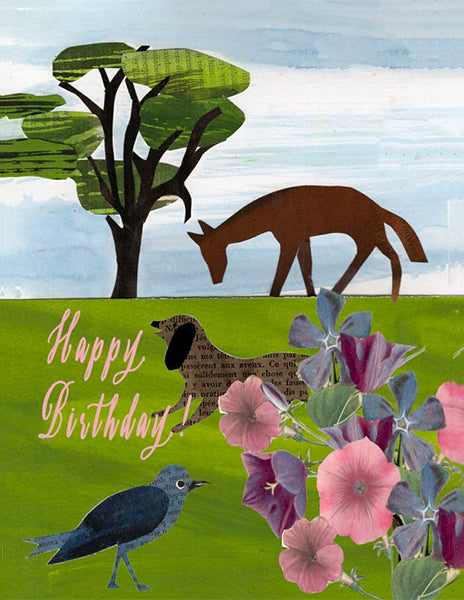 happy birthday nature scene - folding greeting card, size A2, 4.25 by 5.5 inches, printed on recycled paper. original paper collage artwork designed by denise fiedler for paste
