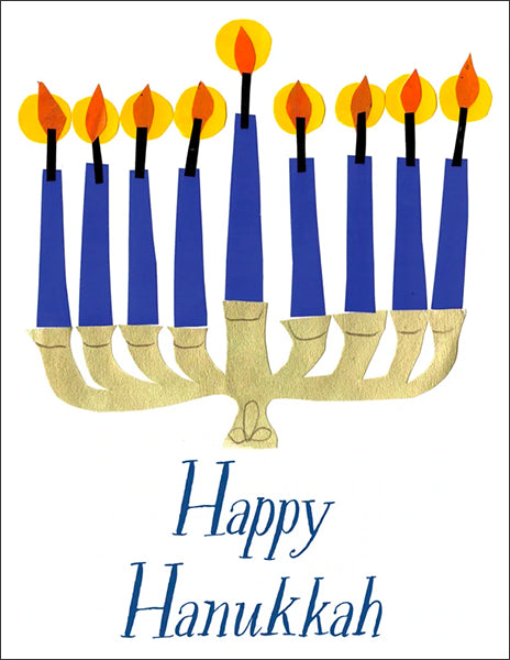 happy hannukah - folding greeting card, size A2, 4.25 by 5.5 inches, printed on recycled paper. original paper collage artwork designed by denise fiedler for paste