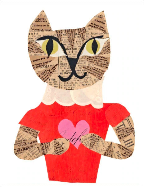 heart cat valentine - folding greeting card, size A2, 4.25 by 5.5 inches, printed on recycled paper. original paper collage artwork designed by denise fiedler for paste
