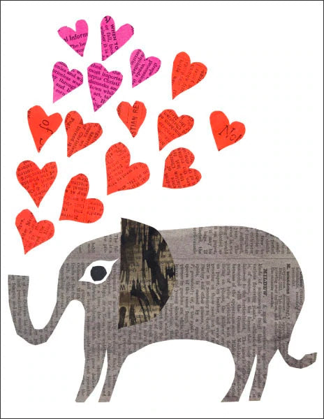 heart elephant - folding greeting card, size A2, 4.25 by 5.5 inches, printed on recycled paper. original paper collage artwork designed by denise fiedler for paste