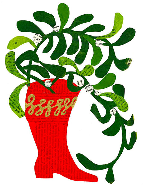 holiday boot - folding greeting card, size A2, 4.25 by 5.5 inches, printed on recycled paper. original paper collage artwork designed by denise fiedler for paste
