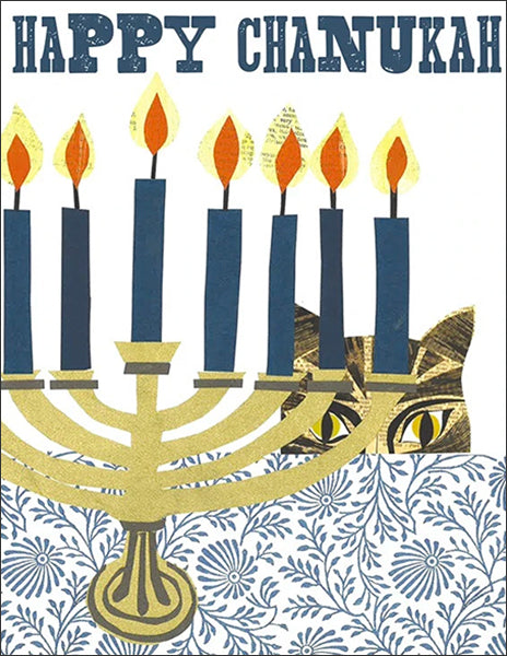 holiday chanukah cat - folding greeting card, size A2, 4.25 by 5.5 inches, printed on recycled paper. original paper collage artwork designed by denise fiedler for paste