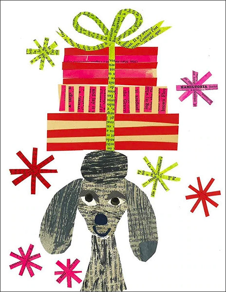 holiday gift dog - folding greeting card, size A2, 4.25 by 5.5 inches, printed on recycled paper. original paper collage artwork designed by denise fiedler for paste