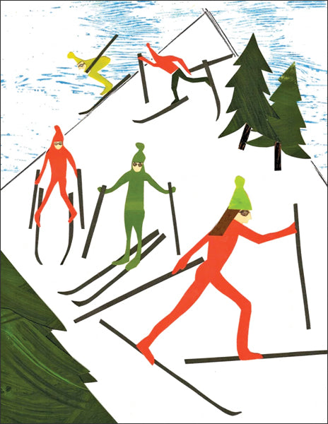 holiday skiers - folding greeting card, size A2, 4.25 by 5.5 inches, printed on recycled paper. original paper collage artwork designed by denise fiedler for paste