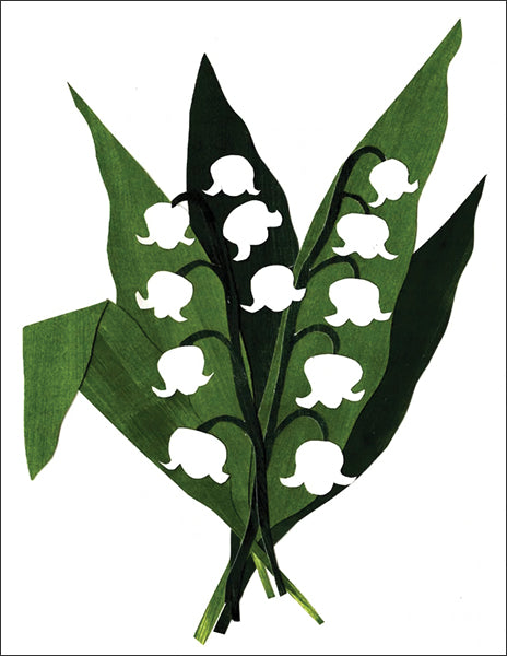 lily of the valley - folding greeting card, size A2, 4.25 by 5.5 inches, printed on recycled paper. original paper collage artwork designed by denise fiedler for paste