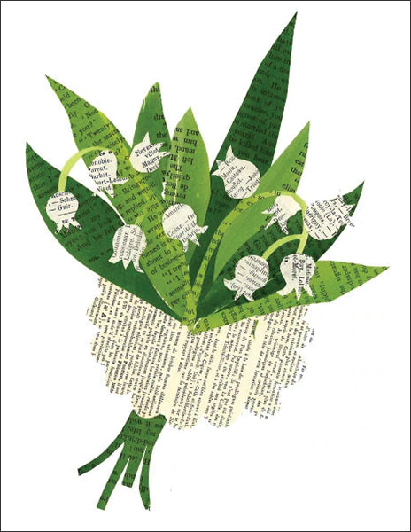 lily of the valley nosegay - folding greeting card, size A2, 4.25 by 5.5 inches, printed on recycled paper. original paper collage artwork designed by denise fiedler for paste