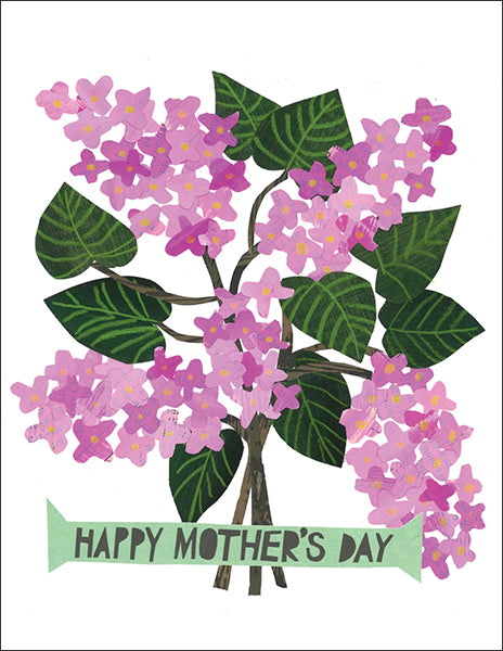 mother's day lilacs - folding greeting card, size A2, 4.25 by 5.5 inches, printed on recycled paper. original paper collage artwork designed by denise fiedler for paste