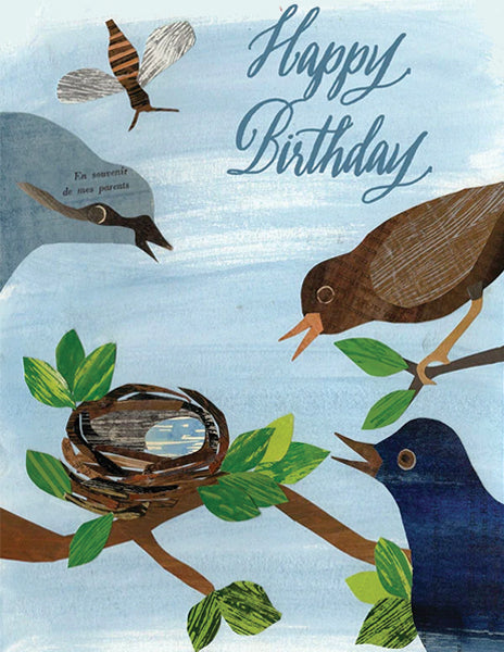 nest birthday - folding greeting card, size A2, 4.25 by 5.5 inches, printed on recycled paper. original paper collage artwork designed by denise fiedler for paste