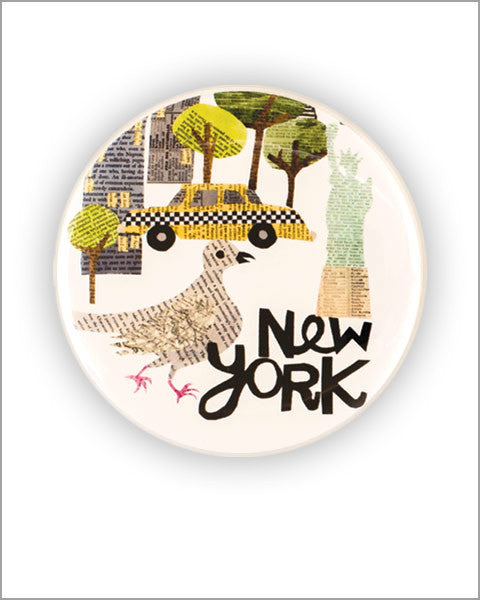 new york city paper collage art printed 2.25 inch diameter round pocket mirror designed by denise fiedler of pastesf and made in USA 