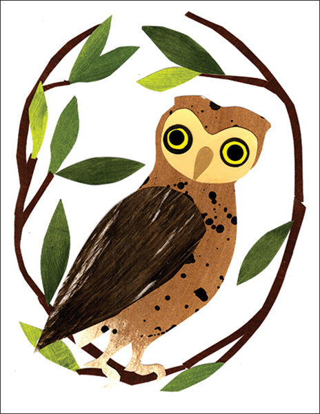 owl in branches - folding greeting card, size A2, 4.25 by 5.5 inches, printed on recycled paper. original paper collage artwork designed by denise fiedler for paste