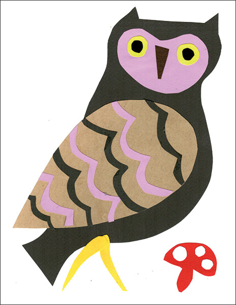 owl with mushroom - folding greeting card, size A2, 4.25 by 5.5 inches, printed on recycled paper. original paper collage artwork designed by denise fiedler for paste