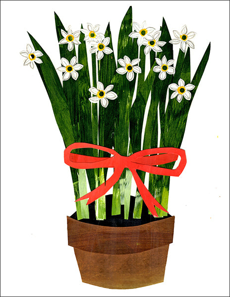 paperwhites with red ribbon - folding greeting card, size A2, 4.25 by 5.5 inches, printed on recycled paper. original paper collage artwork designed by denise fiedler for paste