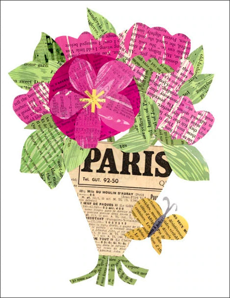paris peonies - folding greeting card, size A2, 4.25 by 5.5 inches, printed on recycled paper. original paper collage artwork designed by denise fiedler for paste
