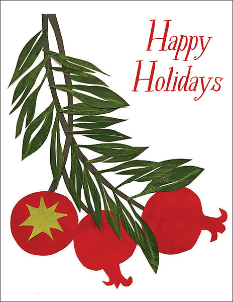 pomegranates - holiday - folding greeting card, size A2, 4.25 by 5.5 inches, printed on recycled paper. original paper collage artwork designed by denise fiedler for paste