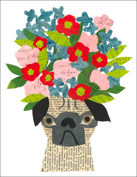 pug in hat - folding greeting card, size A2, 4.25 by 5.5 inches, printed on recycled paper. original paper collage artwork designed by denise fiedler for paste