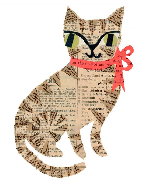 red bow cat - folding greeting card, size A2, 4.25 by 5.5 inches, printed on recycled paper. original paper collage artwork designed by denise fiedler for paste