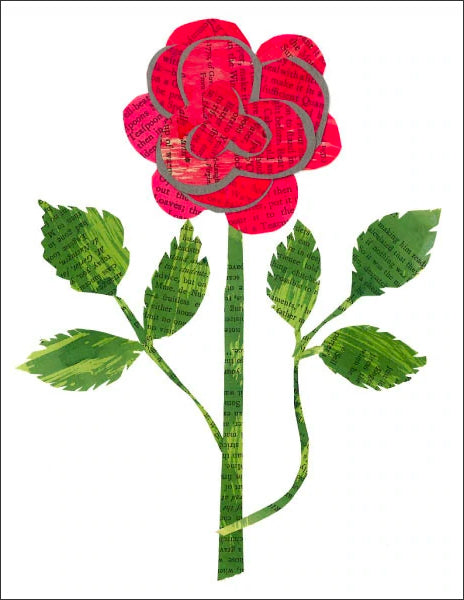 red rose - folding greeting card, size A2, 4.25 by 5.5 inches, printed on recycled paper. original paper collage artwork designed by denise fiedler for paste