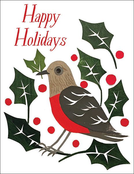 robin and holly - holiday - folding greeting card, size A2, 4.25 by 5.5 inches, printed on recycled paper. original paper collage artwork designed by denise fiedler for paste