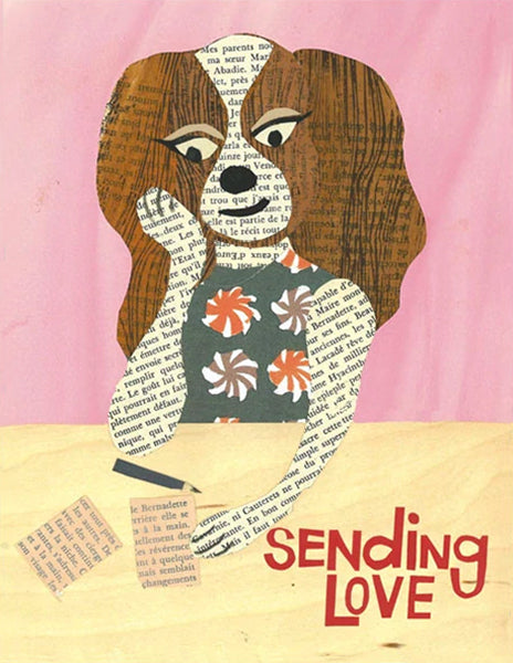 sending love valentine dog - folding greeting card, size A2, 4.25 by 5.5 inches, printed on recycled paper. original paper collage artwork designed by denise fiedler for paste