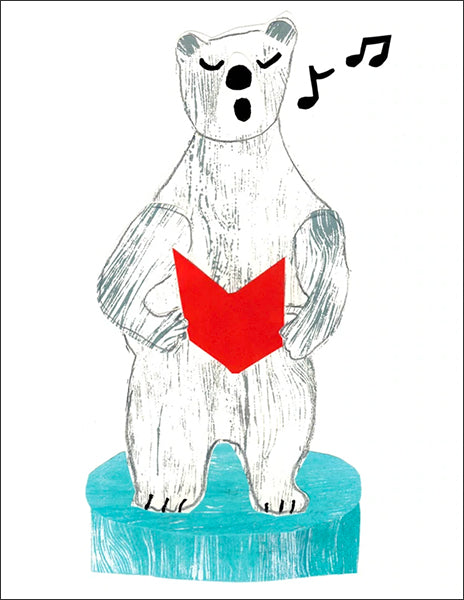 singing polar bear - folding greeting card, size A2, 4.25 by 5.5 inches, printed on recycled paper. original paper collage artwork designed by denise fiedler for paste
