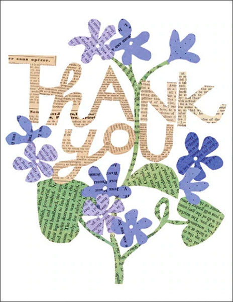 thank you - folding greeting card, size A2, 4.25 by 5.5 inches, printed on recycled paper. original paper collage artwork designed by denise fiedler for paste