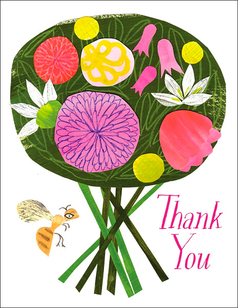thank you bee bouquet - folding greeting card, size A2, 4.25 by 5.5 inches, printed on recycled paper. original paper collage artwork designed by denise fiedler for paste