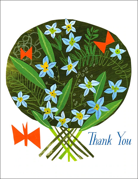 thank you blue bouquet - folding greeting card, size A2, 4.25 by 5.5 inches, printed on recycled paper. original paper collage artwork designed by denise fiedler for paste