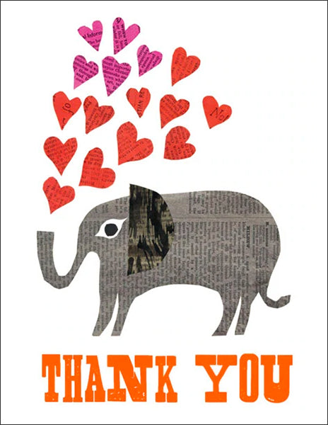 thank you elephant - folding greeting card, size A2, 4.25 by 5.5 inches, printed on recycled paper. original paper collage artwork designed by denise fiedler for paste