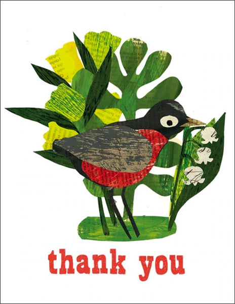 thank you robin - folding greeting card, size A2, 4.25 by 5.5 inches, printed on recycled paper. original paper collage artwork designed by denise fiedler for paste