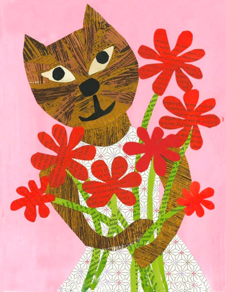 valentine tabby - folding greeting card, size A2, 4.25 by 5.5 inches, printed on recycled paper. original paper collage artwork designed by denise fiedler for paste